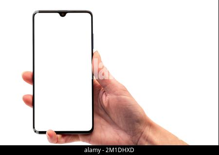 La mano della donna che tiene il display vuoto del telefono cellulare come sfondo per la personalizzazione Foto Stock