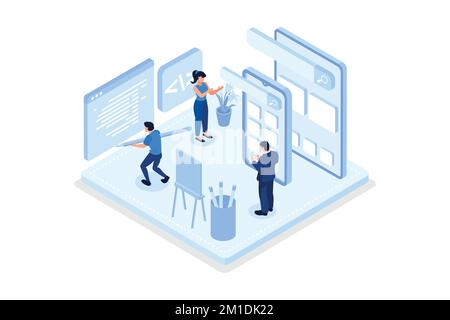 Personaggi che sviluppano una nuova app mobile. Il team di sviluppatori che programmano e codificano il codice per l'interfaccia utente mobile. Concetto di processo di sviluppo, isome Illustrazione Vettoriale
