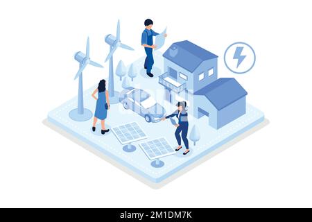 Personaggio che utilizza la tecnologia Smart Grid per controllare la sua casa intelligente con generatori di energia eolica, pannelli solari e auto elettrica. Rinnovabile ed eco it Illustrazione Vettoriale