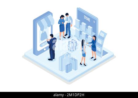 Beni di acquisto del carattere in linea sul mercato del Internet. Donna che acquista online nell'app mobile. Concetto di shopping e vendita al dettaglio, vettore isometrico moderno illus Illustrazione Vettoriale