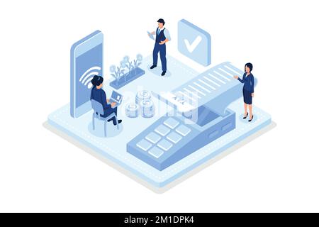 Acquisto da parte del cliente e tocco della carta di credito sul terminale del punto vendita. Modalità di pagamento wireless e senza contatto. Tecnologia NFC, vista isometrica Illustrazione Vettoriale