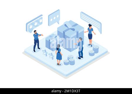 Personaggi che ricevono il premio online. Donna e uomo in piedi vicino alla confezione regalo e la raccolta di bonus cash back. Fedeltà e referral marketing Prgr Illustrazione Vettoriale
