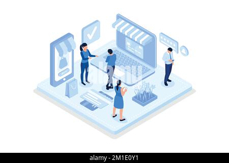 Concetto di pagamento mobile con carattere. Può essere utilizzato per banner Web, infografiche, immagini di eroi, illustrazioni vettoriali isometriche moderne Illustrazione Vettoriale