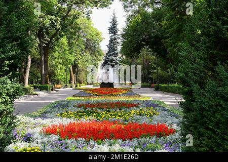 Parco di quercia, letto di fiori, Bishkek, Kirghizistan Foto Stock