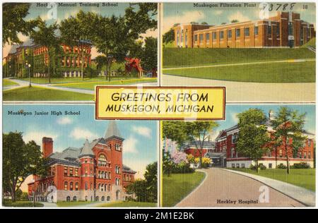 Saluti da Muskegon, Michigan -- Hackley Manual Training School, Muskegon filtrazione impianto, Muskegon Junior High School, Hackley, Ospedale, Scuole, impianti industriali, Ospedali, Tichnor Brothers Collection, cartoline degli Stati Uniti Foto Stock