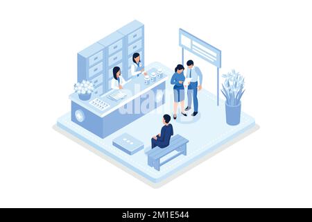 Medico farmacista e paziente in farmacia. Può essere utilizzato per banner Web, infografiche, immagini di eroi, illustrazioni vettoriali isometriche moderne Illustrazione Vettoriale