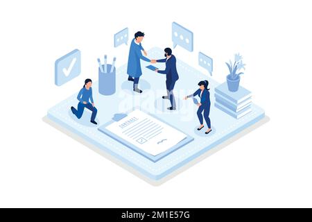 Personaggi che scuotono le mani dopo la firma del documento contrattuale ufficiale. Due uomini d'affari Finishing riuscito affare di affari. Contratto di contratto e Manageme Illustrazione Vettoriale