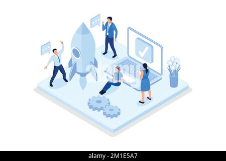 Concetto di avvio con lancio a razzo. Può essere utilizzato per banner Web, infografiche, immagini di eroi, illustrazioni vettoriali isometriche moderne Illustrazione Vettoriale