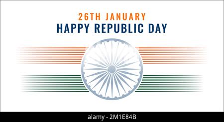 Illustrazione della bandiera indiana per la festa della Repubblica felice dell'India il 26 gennaio, 26 gennaio testo in zafferano e colore verde con ruota Ashok, arte Foto Stock