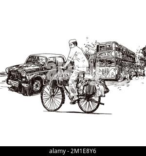 Servizio Dabbawala a Mumbai. Dabbawala con illustrazione della bicicletta, il famoso servizio pranzo Dabbawala a Churchgate Stazione ferroviaria; Mumbai, India arte Foto Stock