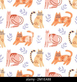 Trendy Folk art gatti senza cuciture modello Illustrazione Vettoriale