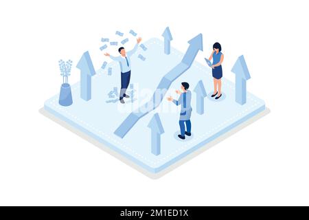 Crescita finanziaria, personaggi che celebrano il successo finanziario, illustrazione moderna del vettore isometrico Illustrazione Vettoriale