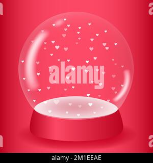 Globo di neve trasparente 3D con cuori su sfondo rosa. Podio bianco sotto una cupola di vetro per la promozione del prodotto. Concetto carino per il compleanno, Valentin Illustrazione Vettoriale