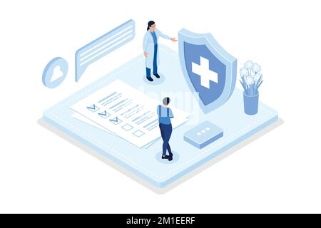 Assicurazione sanitaria, medico che offre contratto di assicurazione medica, vettore isometrico moderna illustrazione Illustrazione Vettoriale