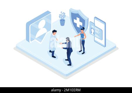 Assicurazione sanitaria, carta d'identità dell'assicurazione di tenuta del paziente, illustrazione moderna del vettore isometrico Illustrazione Vettoriale