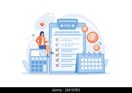 Pianificazione degli analisti finanziari nella lista di controllo degli appunti, della calcolatrice e del calendario. Pianificazione del budget, bilancio equilibrato, concetto di gestione del budget aziendale, fl Illustrazione Vettoriale