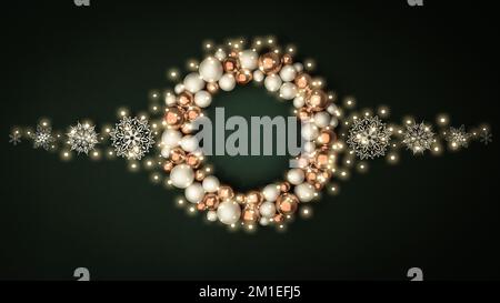 Corona di Natale con arco rosso e nastro. Corona decorata di rami di pino aspetto realistico, con bacche, stella e perle decorazioni Foto Stock