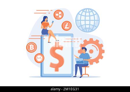 Uomo d'affari e donna trasferiscono denaro con gadget. Moneta digitale, mercato della criptovaluta, trasferimento di e-money e fatturato digitale, piano Illustrazione Vettoriale