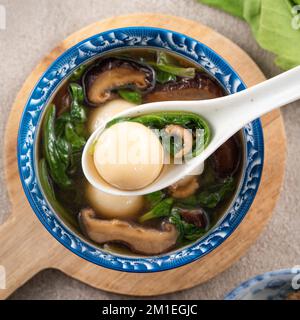 Mangiare il grande tangyuan yuanxiao (tang yuan, palle glutinose di riso gnocchi) con una zuppa saporita in una ciotola per il festival del solstizio d'inverno. Foto Stock