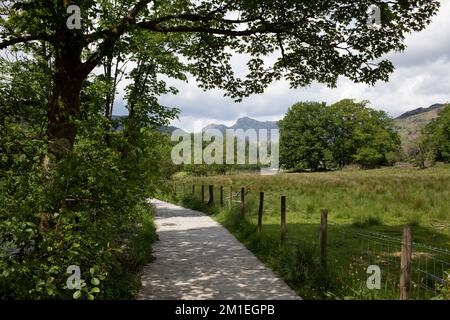 I Langdale Pikes, visti dal sentiero al bordo dell'acqua Elter. Parte del Lake District National Park, Cumbria, Regno Unito Foto Stock