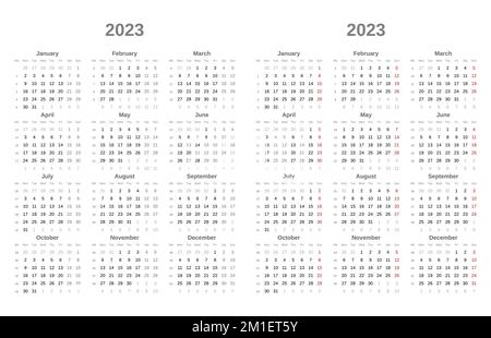 Semplice calendario in bianco e nero per 2023. La settimana inizia il lunedì. Domenica in rosso. 2023 modello calendario Illustrazione Vettoriale