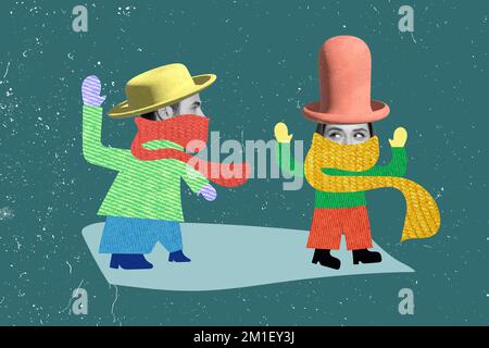 Immagine collage composita di due piccole persone divertenti headwear dipinti abiti invernali isolato su sfondo disegno Foto Stock