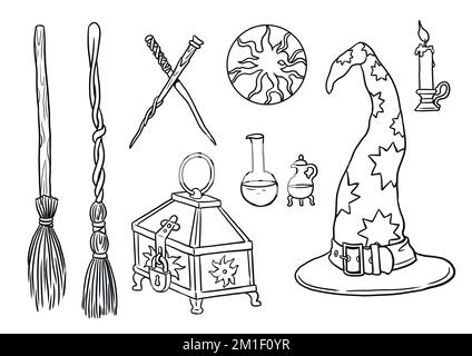 Cose di un mago. Cappello, bacchetta, scrigno, cassettino, sfera di vetro. Colorazione della pagina per gli amanti della procedura guidata. Foto Stock