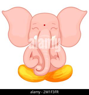 Ganesha dio carino carattere lotus posa, meditazione in stile cartone animato isolato su sfondo bianco. Idol, statua spirituale. Illustrazione vettoriale Illustrazione Vettoriale