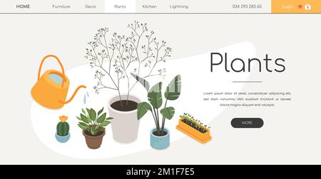 Green houseplants - linea design stile isometrico web banner Illustrazione Vettoriale