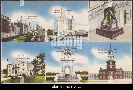 New Michigan Ave., Chicago, Illinois. Wrigley Building, Chicago, Illinois. Campana della libertà. Alamo, San Antonio, Texas. Houston Monument, Houston, Texas. Independence Hall, Philadelphia, Pa. , Città e paesi, edifici storici, Monumenti e memoriali, grattacieli, Independence Hall Philadelphia, Pa., Tichnor Brothers Collection, cartoline degli Stati Uniti Foto Stock