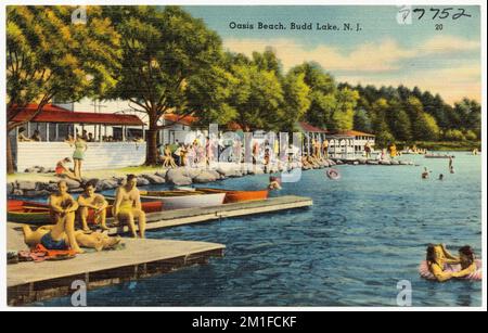 Oasis Beach, Budd Lake, N. J., Laghi e stagni, Barche, Tichnor Brothers Collection, cartoline degli Stati Uniti Foto Stock