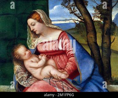 Madonna col Bambino di Tiziano Vecellio (Tiziano - 1490-1576), olio su legno, 1508 Foto Stock