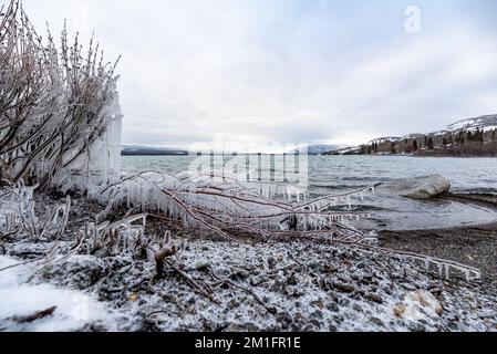 Spiaggia ghiacciata del lago, bella e unica nel artico all'inizio dell'inverno. Foto Stock