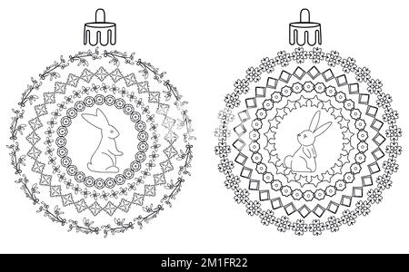 palline di natale vettore linea arte con coniglio Illustrazione Vettoriale