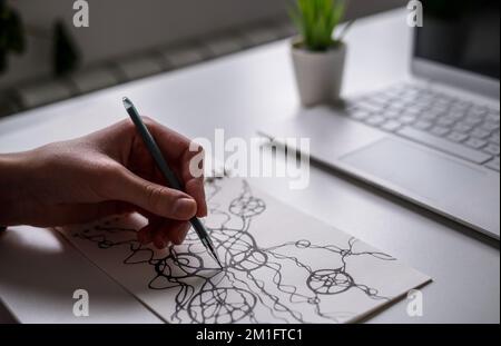 Disegno neurografico astratto con penna. Disegno di arte neurografica Neurographic Art - un metodo moderno di art therapy Foto Stock