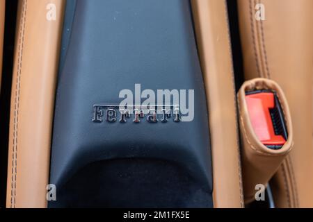 Slovenia, Lubiana - 2 giugno 2022: Red Ferrari F8 Tributo Italian Luxury sports car interior Foto Stock