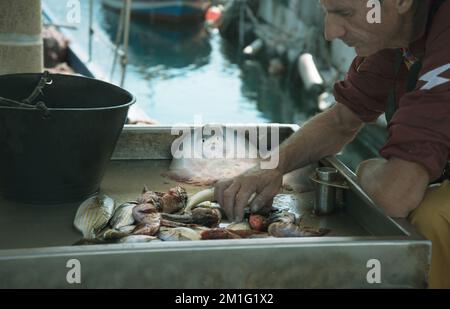 ITALIA, TRAPANI-20 OTTOBRE: Trapani è una città sulla costa occidentale della Sicilia. Vista del mercato del pesce di Trapani il 20 ottobre 2022, Trapani, Sicilia. Foto Stock