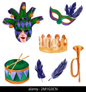 Mardi gras Set di illustrazioni acquerello: Maschere, corona, tamburo e tromba su sfondo bianco isolato, disegnate a mano. Perfetto per la progettazione di schede, inventati Foto Stock