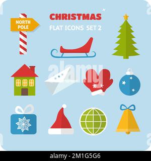 Collezione di icone di Natale stile piatto con ombra Illustrazione Vettoriale