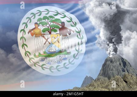 Esplosione stratovulcano durante il giorno con fumo bianco sullo sfondo della bandiera Belize, problemi a causa di calamità naturali e terremoti vulcanici conc Foto Stock