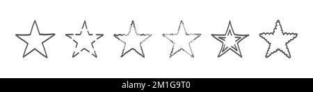 Icone a stella. Collezione Star Doodle. Set di stelle disegnate a mano. Icone di stile di schizzo. Illustrazione vettoriale Illustrazione Vettoriale