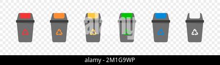 Riciclare i contenitori. Bidoni dei rifiuti. Contenitori di rifiuti per rifiuti ordinati per plastica, organico, e-rifiuti, metallo, vetro, carta. Illustrazione vettoriale Illustrazione Vettoriale