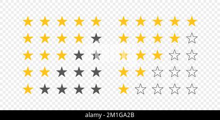 Icone di valutazione. Stelle di valutazione. Valutazione dei prodotti a cinque stelle. Illustrazione vettoriale Illustrazione Vettoriale