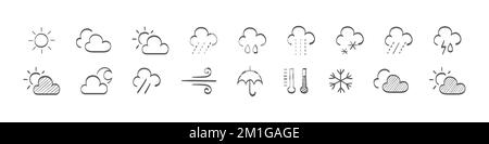 Set di icone Meteo disegnate. Icone di Weathers. Icone dei vettori meteo. Simboli dei segnali delle previsioni del tempo. Segni di piume. Illustrazione vettoriale Illustrazione Vettoriale