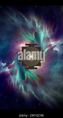 Sfondo spirituale per la meditazione con simbolo sri yantra e galassia Foto Stock