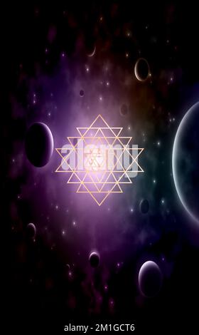 Sfondo spirituale per la meditazione con simbolo sri yantra e galassia Foto Stock