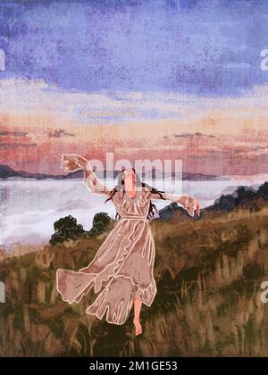 Moderna Boho moderna stampa d'arte acrilica floreale. Ragazza che balla e guarda il cielo. Campo di erba nella nebbia. Astratto sfondo minimo. Bohémien Foto Stock