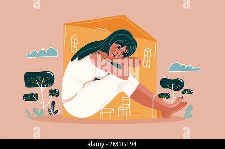 Una giovane donna si appoggia sulle ginocchia e si siede triste in una casa stretta. Tristezza, depressione e pensieri. Il concetto di solitudine, insicurezza, mentale Illustrazione Vettoriale