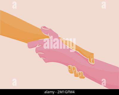 Concetto di supporto e aiuto. Immagine di due mani destre che si tengono saldamente l'una con l'altra Illustrazione Vettoriale