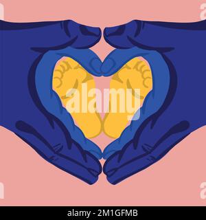 Forma del cuore fatta con le mani del padre, della madre e dei piedi del bambino. Concetto di sostegno, pace, felicità familiare. Realizzato nei colori blu e giallo Illustrazione Vettoriale